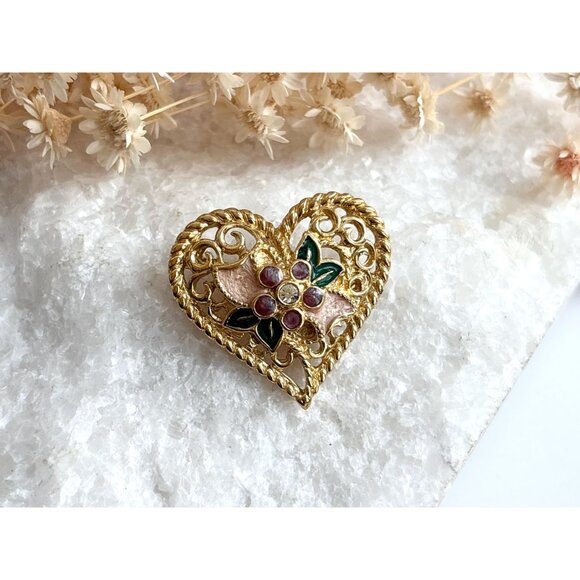 Heart Shaped Textured "I Love You" Rhinestoned and Enameled Brooch - Picture 4 of 10